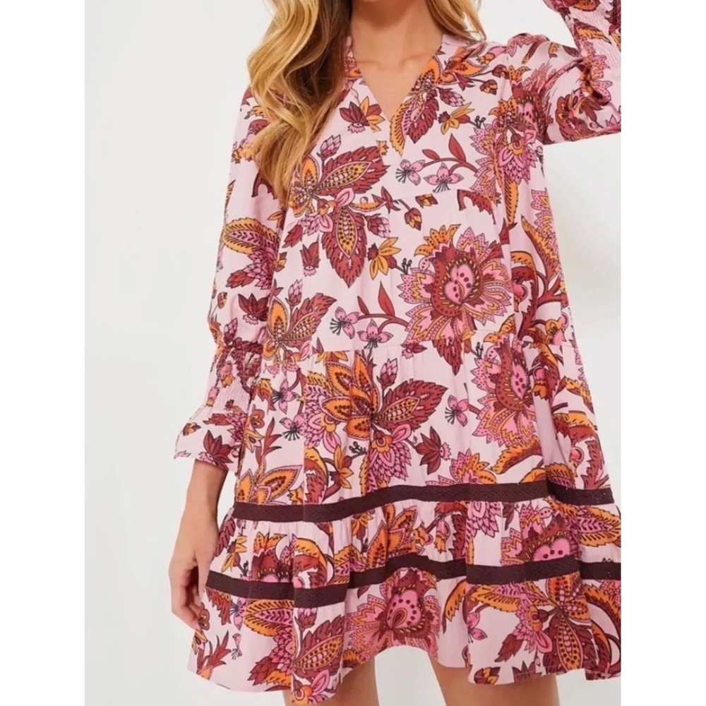 Tuckernuck Pink Ornate Chintz Cotton Tiered Boho Mini Dress L Paisley Floral